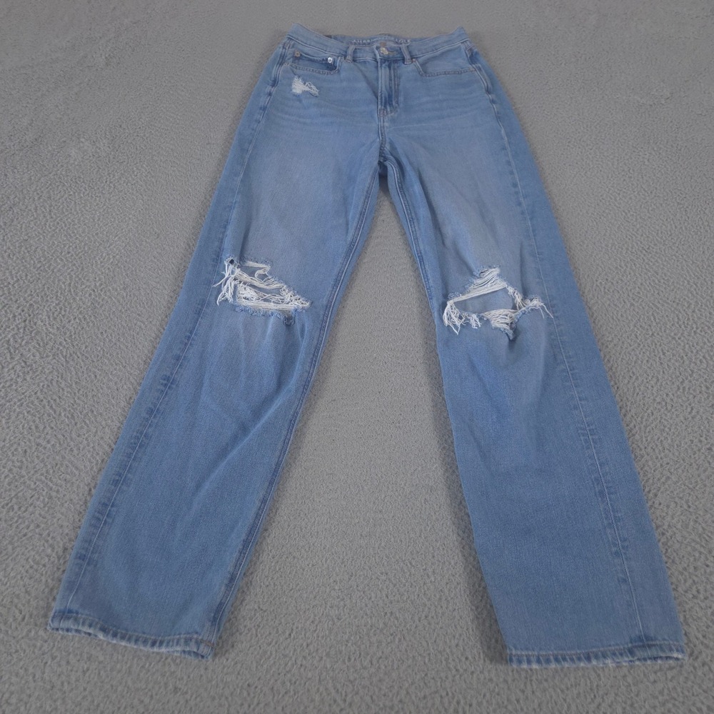 American Eagle Jeans Womens 4 Blue Baggy High Rise Distressed Wide Leg Denim